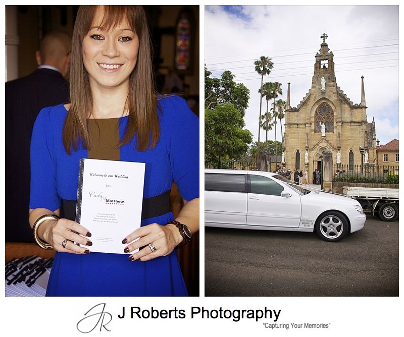 Usher with order of service outside Holy Name of Mary Hunters Hill church - wedding photography sydney